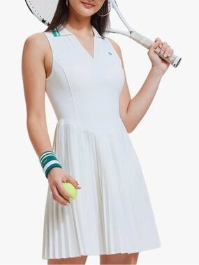 Sleeveless White Asymmetrical Tennis Golf Dress with Green Trim